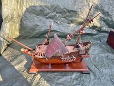 VINTAGE WOODEN MODEL PIRATE SHIP BOAT ON STAND  WITH CLOTH SAILS AND STAND