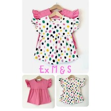 Ex M&S Girls 2 Pack Pink Spotty Cotton T-Shirt Summer Dress  Age 18 24 2 3 4 5