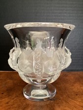 Signed LALIQUE Crystal Paris Dampierre Pedestal 5" Sparrow Song Birds Vase- Nice