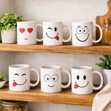 6x Mug Set Funny Face Ceramic
