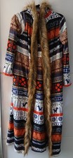Bohemian long, hooded, multicoloured, faux fur trimmed Coat