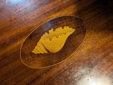 Antique Large Kidney Shaped Wooden Shell Marquetry Serving Tray Brass Handles