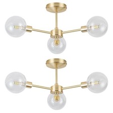 Set of 2 Satin Brass Gold with Clear Glass 3 Arm Ceiling Light Lamp Fittings