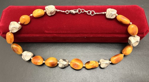 Vtg 925 silver necklace amber - silver,
