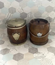 EPNS Wooden Biscuit Barrel With Ceramic Pot + Unbranded Barrel With Ceramic Pot