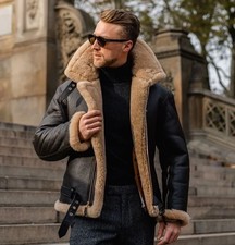 Men’s Sheepskin Leather Aviator Jacket B3 Bomber Coat with Faux Shearling Lining