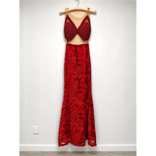 Red beaded lace evening dress - red,