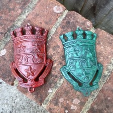 Antique Vintage Pair Of Convex Cast Iron Tree Plaque Sign Unusual Coat Of Arms?