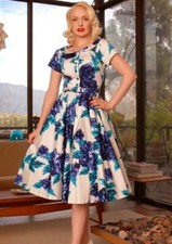 Pinup Couture Dede Blue Floral Fit n Flare Rockerbilly Belted Midi Dress Size M