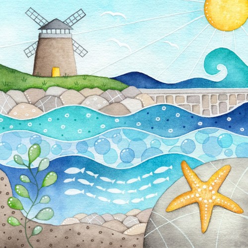 Framed windmill print seaside - windmill,