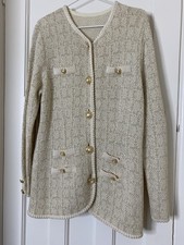 Vintage St Michael M&S Cream/White Boucle Tweed Gold buttons Jacket Size M