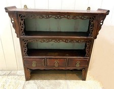 Antique 1890 Chinese Hangin Shelves, Carved Fret Work, 3 Drawers, 2 Shelves
