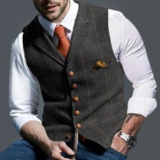 UK Mens Slim Fit Vintage Waistcoat Casual Smart Checked Plaid Suit Vest