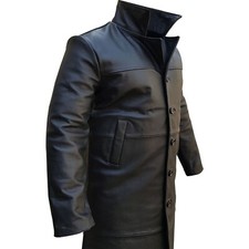 Mens Pure Black Leather Trench