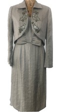 FRANK USHER MOTHER BRIDE OUTFIT Grey Muted Gold MIDI DRESS BOLERO JACKET Crop 10