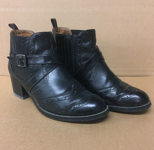 Black real leather stack heel