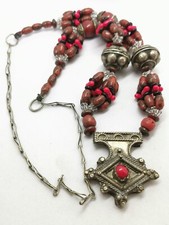 Vintage Silver Tone Bloodstone Moroccan Tribal Old Tuareg Cross Pendant Necklace