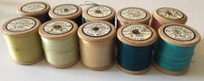 10 Dewhurst Sylko Wooden 1950’s Cotton Reels, Little used or NOT, in SCOVILL Box