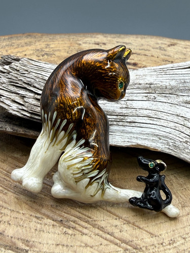 Vintage enamel cat mouse - cat,