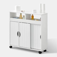 Bathroom Floor Storage Cabinet w/ 2 Sliding Doors Cupboard White 4 Wheels