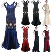 1920s Vintage Maxi Dress Flapper Sequins Fringed Great Gatsby Christmas Party UK