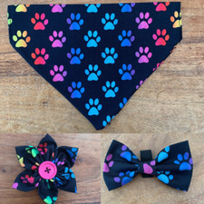 Rainbow Paw- Print Dog Bandana- Slide on Collar, Flower, Bow Ties, Personalised 