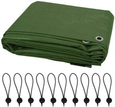 18 Sizes of Heavy Duty Green Tarpaulin Waterproof Cover Sheet + 10 Bungee Balls