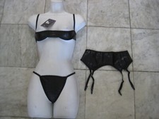 New Black PVC 3pc set w/ Shelf Bra, garter belt, G string Size XS sexy FREE S&H 