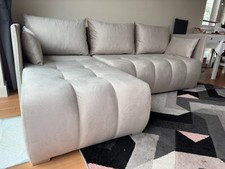 Corner Sofa Bed in Soft Ivory Fabric. Compact Sofa Bed with Storage