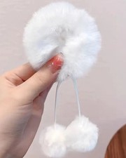 X2 Faux Fur Plush Hair Loop High Elasticity Hair Scrunchies  White With Bobbles 