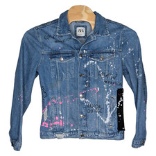 Zara Jean Jacket Adult Large Blue Denim Splatter Paint Grunge Punk Button Pocket