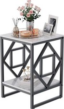 White Marble Top Side Table - 2-Tier Black Metal Frame,End Table for Living Room