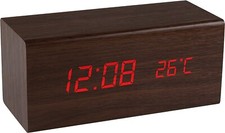 Bedside Digital Alarm Clock Indoor Temp Free Standing Wood USB & Batteries Recta