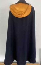 VINTAGE 1960 wool rich CLOAK CAPE long NAVY blue  GOLD sateen hood button down