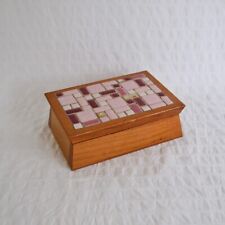 Vintage Wooden Box with Tiled Mosaic Lid, Pink Gold 1980's OPL Jewellery Box
