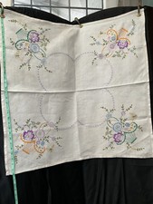 Vintage Cream Linen Hand Embroidered Table Cloth 83 cms X 83 cms Floral Design