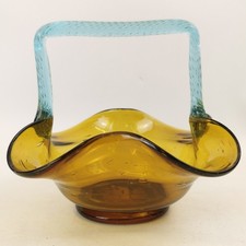 Vintage Amber & Blue Art Glass Basket - Stunning Hand-blown End Of Day Glass