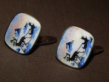 Vintage Pair Sterling Silver Guilloche Enamel Gents Cufflinks ~ Snowy Scene
