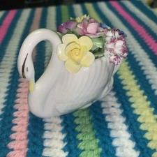Royal Doulton Bone China 3" White Swan W/ Pastel Flowers Figurine