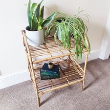 70s Bamboo Cane Shelving Unit Two Tier Boho Side Table Freestanding Plant Stand