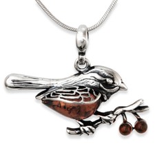 Solid Sterling Silver Natural Amber ROBIN Pendant & 16, 18 or 20" Necklace