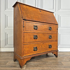 Antique Vintage Solid Wooden Oak Bureau Writing Desk - Arts & Crafts - Drawers