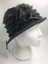 LADIES CHARCOAL GREY WOOL PLEAT ROSE CLOCHE HAT HT2578