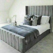 Wing Plush Velvet Ottoman Storage Divan Bed Base Frame with Headboard Mattress