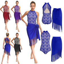 Loyan Womens Lace Latin Dance Leotard with Fringe Skirt for Ballroom Rumba Tango