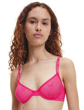 Calvin Klein CK One Demi Plunge Bra 000QF6787E Semi Sheer Logo Mesh Bras Pink