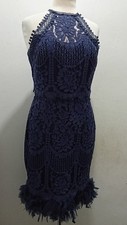 LIPSY VIP Women Navy Lace Bodycon Midi Halter Neck Dress UK 12 EU 40 Feather Hem