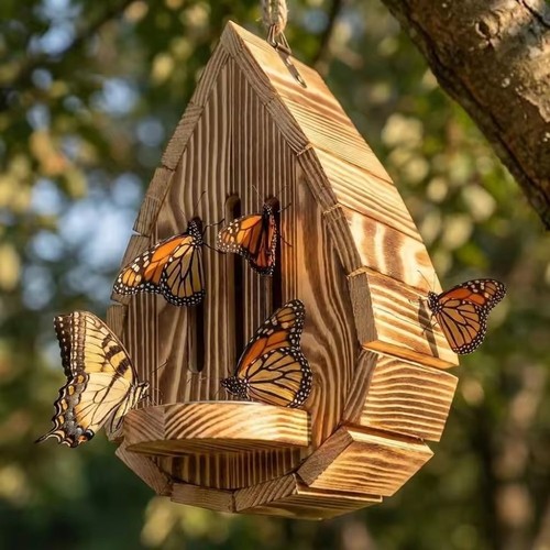 Hanging wood bee house - wood,