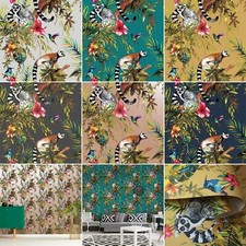 HOLDEN LEMUR WALLPAPER EXOTIC ANIMALS FLORAL METALLIC TROPICAL - VARIOUS COLOURS