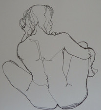 Original small ink continuous-line life drawing nude female model back view